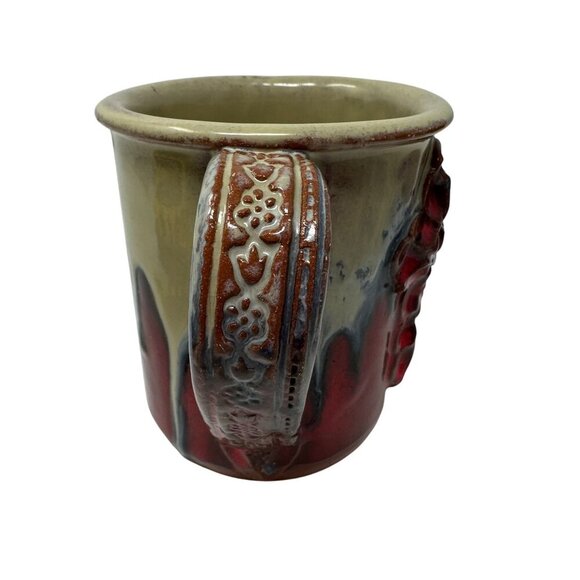 Handcrafted Ceramic Coffee Mug Redware Drip Glaze Rustic Cross Floral Handle - Picture 15 of 16